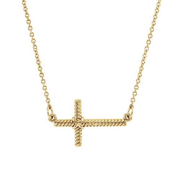 20mm Sideways Rope Cross Necklace in 14k Yellow Gold 16.5 Inch
